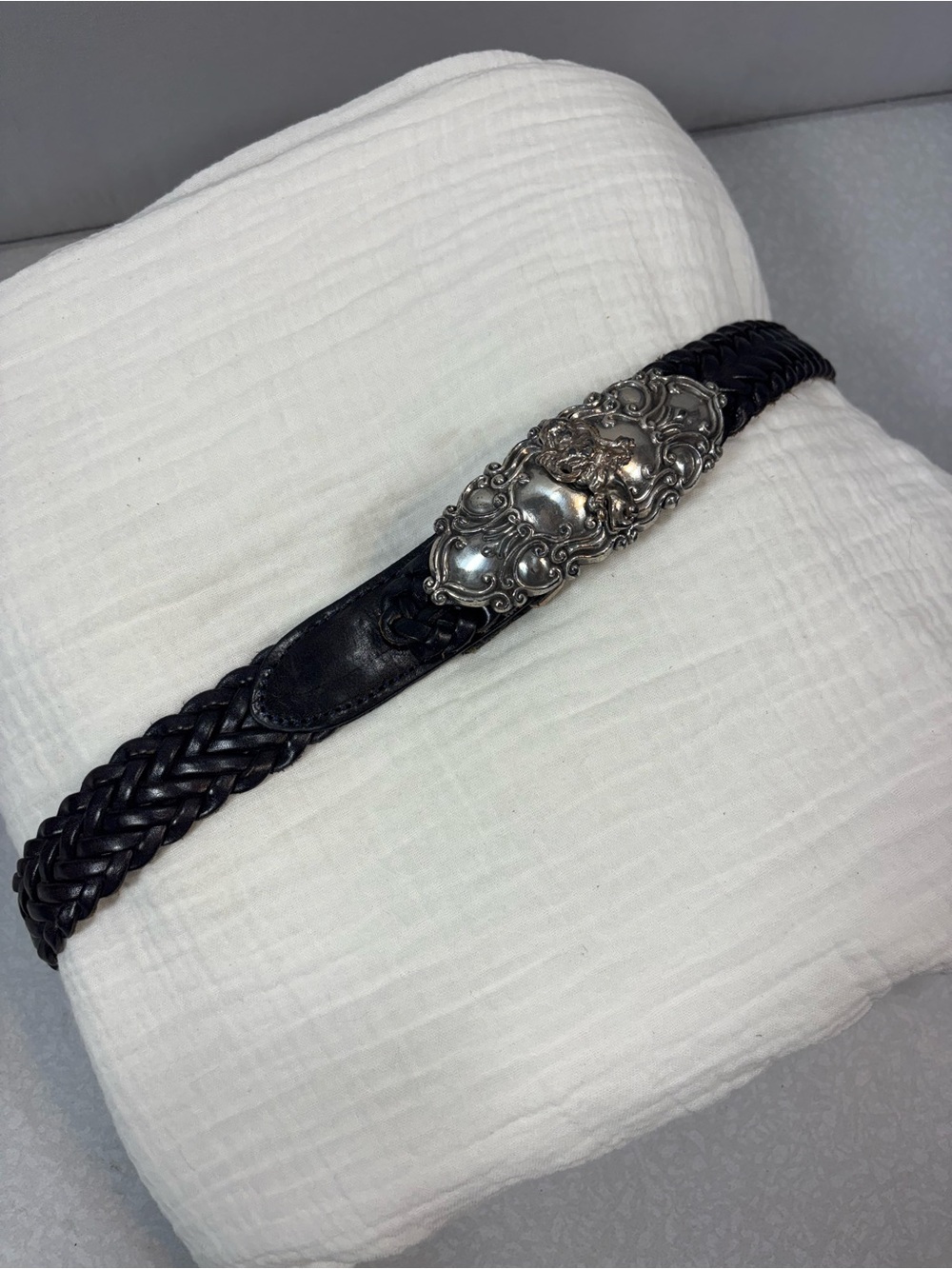VTG Black Braided Leather Belt with Ornate Angel Silver-Tone Buckle Y2K